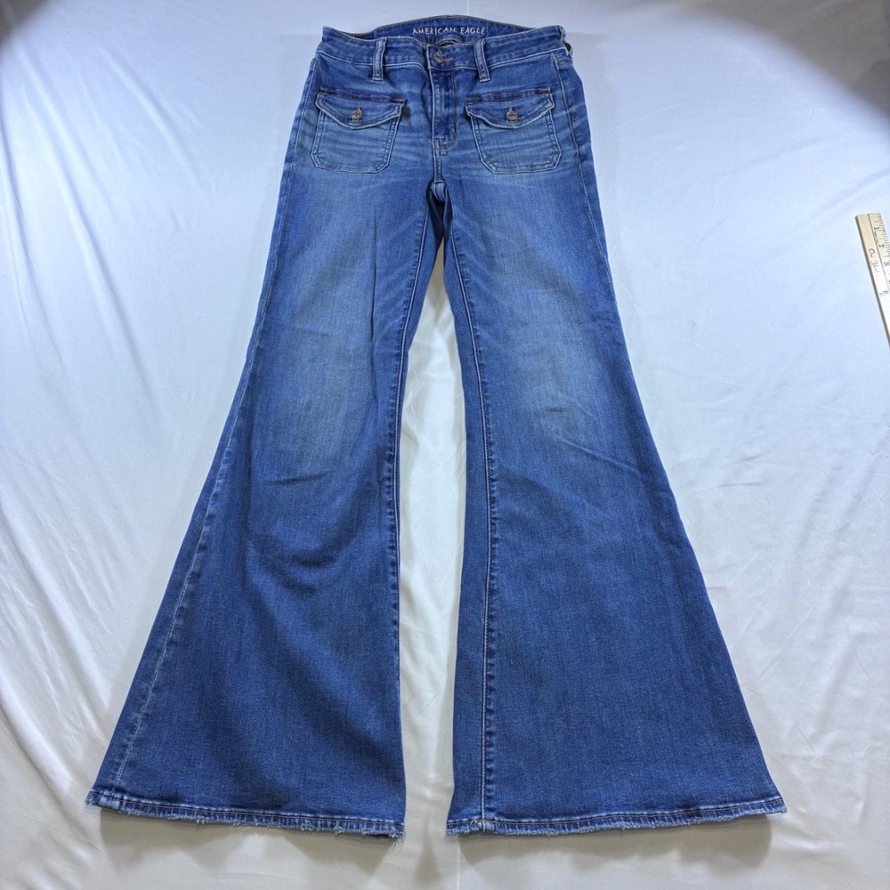 American Eagle Festival Flare Jeans Blue Stretch Front Flap Pocket VTG Y2K 6 Reg
